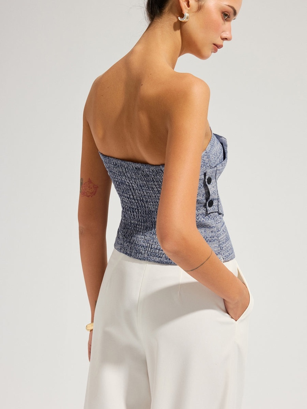 Commense Geometric Print Strapless Ruched Top - Picture 3 of 4